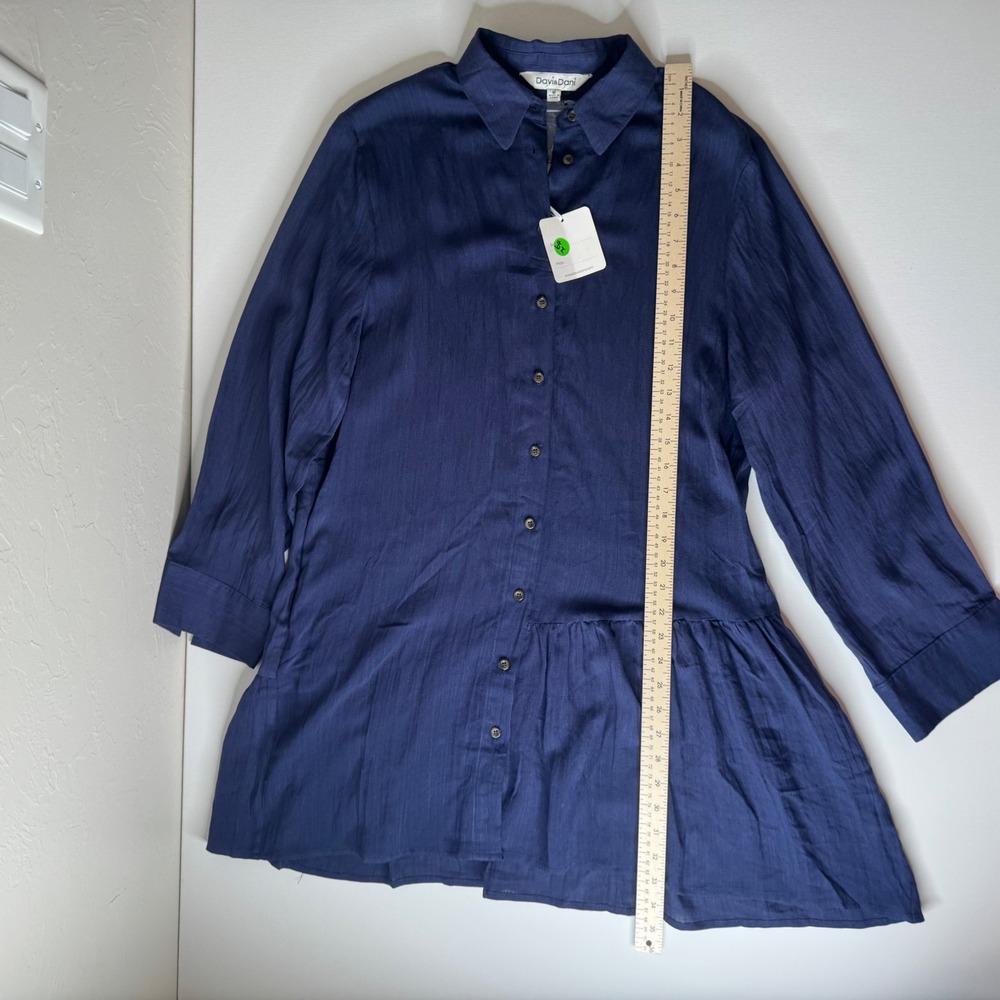 NWT Davi & Dani Button Down Tunic Top Medium Blue Peplum Hem Pockets Lagenlook - Picture 9 of 11